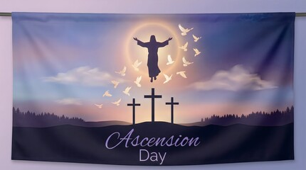 A serene artistic depiction of the ascension of jesus christ into the heavens at sunset time