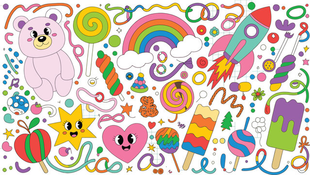 Whimsical collection of colorful cartoon and characters for children's