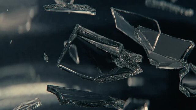 Floating shattered glass pieces in realistic style on dark background, concept of fragility and impact effect
