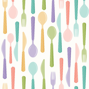 Colorful cultery, spoon, knife, tablespoon and fork, seamless pattern