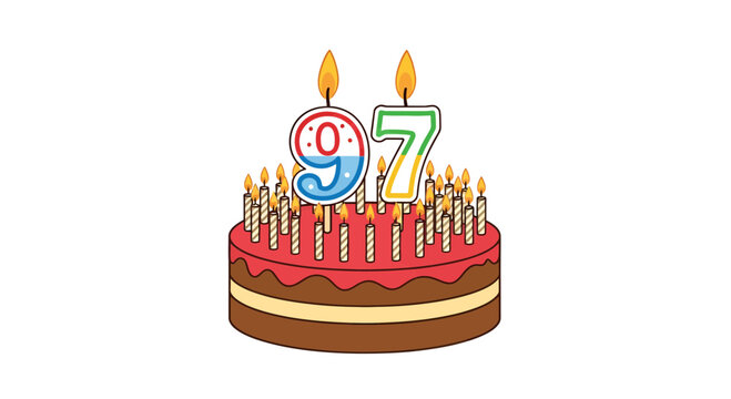 Vibrant 97th Birthday Cake Vector Illustration with Lit Number Candles, Isolated on White Background for Anniversary Celebrations.