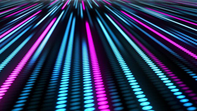 Fast moving glowing digital lines composed of blue and pink neon dots. Digital technology background. Digital display. 4K animation.