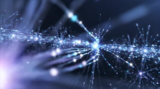 Abstract Blue Light Particles Exploding and Connecting in Digital Network.
