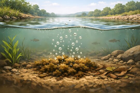 Educational illustration of diatom algae decomposing on the riverbed, releasing gas bubbles and affecting water quality.