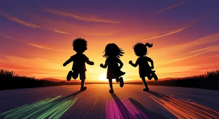 Fototapeta premium Nostalgic crayon illustration of children running through a field, capturing warm childhood memories.
