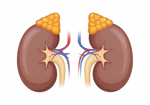 Cartoon medical illustration of human kidneys with adrenal glands, renal arteries, and veins on a white background.