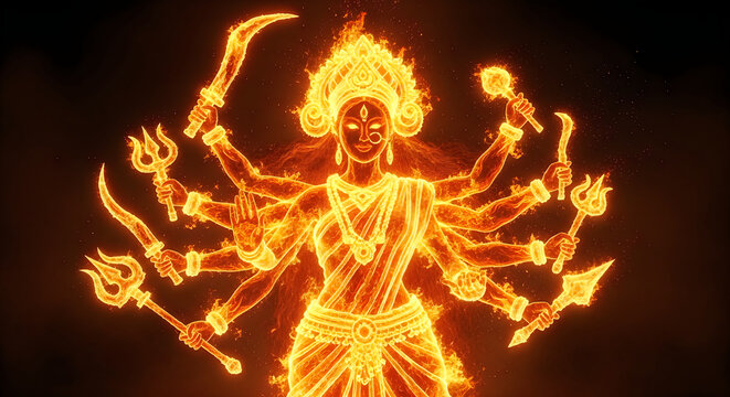 Enigmatic goddess durga figure glowing with intense fiery orange energy, radiating power from multiple arms holding divine weapons in dark background.
