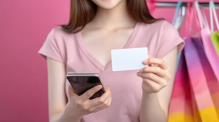 Naklejka premium Woman holding credit card and smartphone with shopping bags in background, online shopping concept