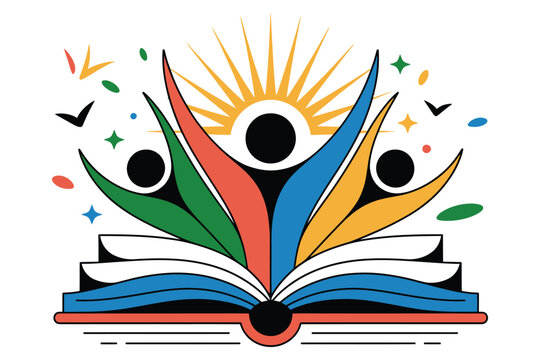 Abstract book logo with colorful human figures rising from pages and sun rays symbolizing education growth knowledge and community unity