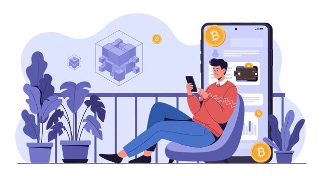 Man using smartphone with cryptocurrency app on balcony, blockchain technology concept