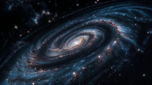 A luminous spiral galaxy in artistic style on a dark starry background, symbolizing cosmic mystery and universal wonder
