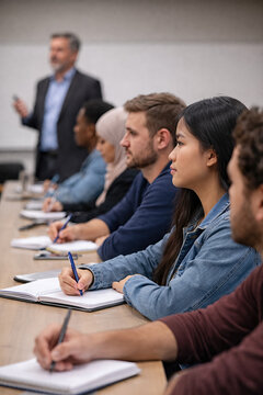 Diverse Students Attending Classroom Lecture