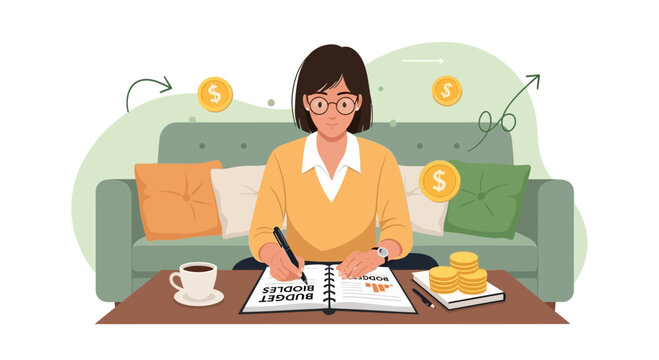 Woman budgeting at home, managing finances with coins and coffee