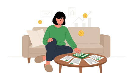 Fototapeta premium Woman Calculating Finances at Home, Budgeting Money, Savings and Investment Concept