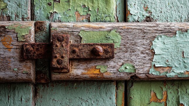 hinge. Weathered wooden door with peeling paint and rusty metal latch under soft natural light. real-estate listings.