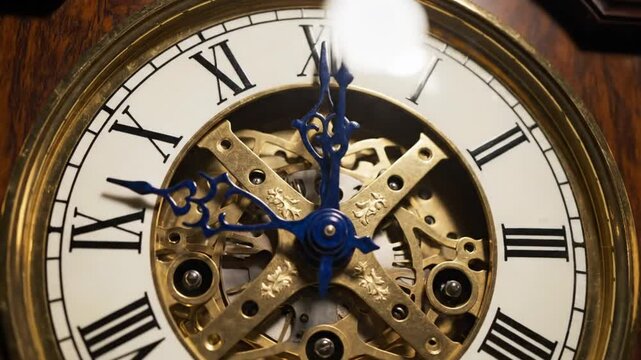 Close up view of antique clock mechanism inside of a wood cased grandfather clock ticking and showing time
