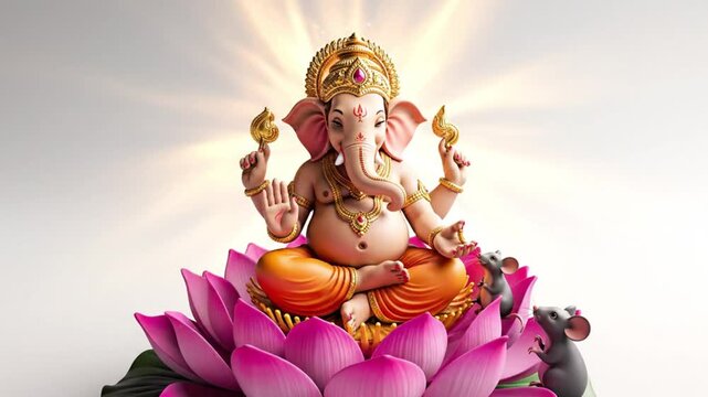 Hindu deity Ganesha sits on a pink lotus flower with golden jewelry and a bright halo.