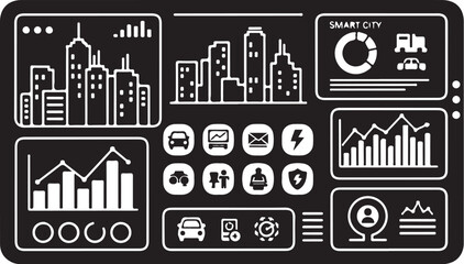 Naklejka premium Smart city icons, urban planning symbols, infographic elements, white on black vector graphics