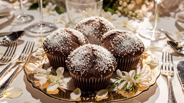 Chocolate muffins topped with coconut flakes on a golden plate for a fancy dinner party celebration