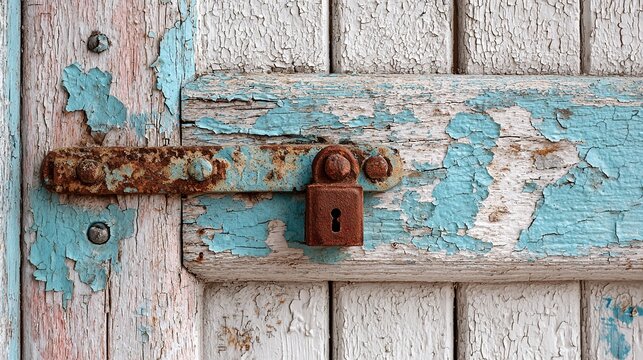 hinge. Weathered wooden door with peeling paint and rusty metal latch under soft natural light. real-estate listings.
