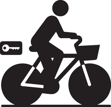 Black silhouette cyclist icon with key, bicycle symbol, cycling logo, transport illustration