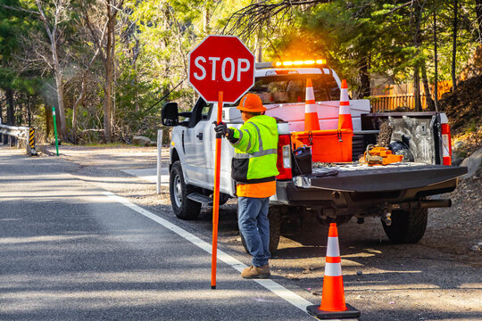 Road Worker Holding Stop Sign Regulating Traffic Flow