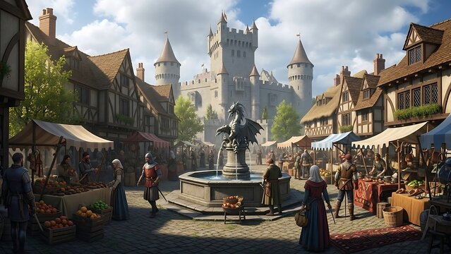 Bustling Medieval Town Square with Castle Backdrop and Market Stalls.