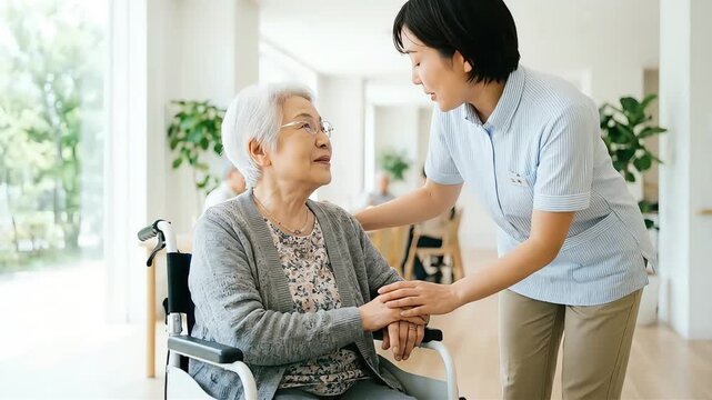 車椅子のシニア女性に寄り添い笑顔で話す介護スタッフ