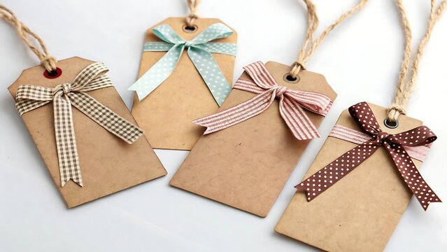 Hanging gift tags collection with kraft paper and string With shadow. AI GENERATED.