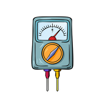 Hand Drawn Illustration of a Vintage Multimeter with Analog Gauge and Probes