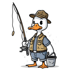 Obraz premium Cute duck character wearing a fishing hat and vest holds a rod and bucket in this colorful vector graphic illustration