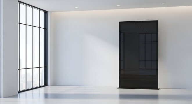 Minimalist Interior with Large Window and Black Panel.
