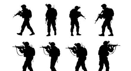 Naklejka premium Silhouettes of armed soldiers in various combat poses, depicting military personnel with rifles and tactical gear, presented on a clean white background for versatile design applications.