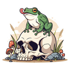 Obraz premium Vibrant vector illustration features a comical green frog with its tongue out, perched atop a human skull amidst mystical mushrooms and natural elements.