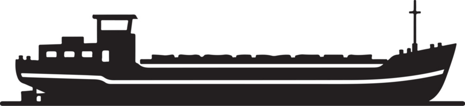 Cargo ship, freight vessel, black silhouette, vector icon, transportation symbol