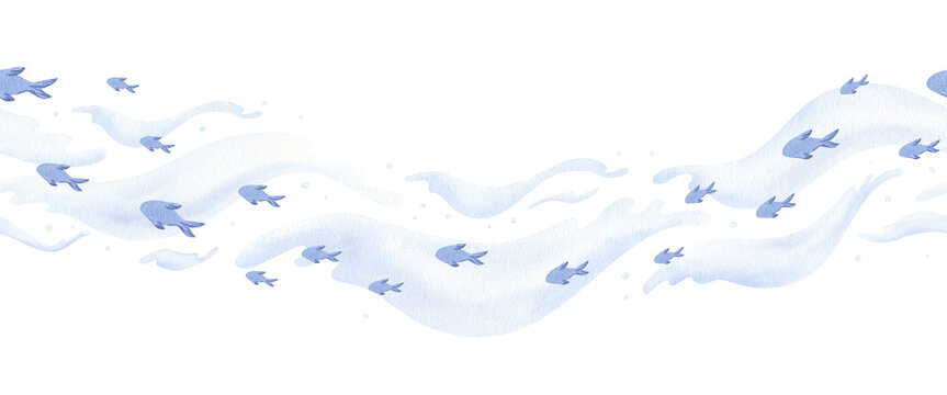 Watercolor seamless border with blue fish silhouettes swimming in water waves current. Artistic illustration of sea life stream, stylized blue waves. Shoal of Fishes swims through the waves. Pastel