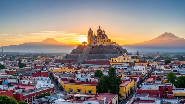 Cholula Pyramid and Church at Sunrise - A Majestic Mexican Landscape.