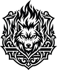 Fototapeta premium Striking wolf head emblem with fiery tribal patterns and ornate decorative elements, a powerful black and white graphic design illustration.