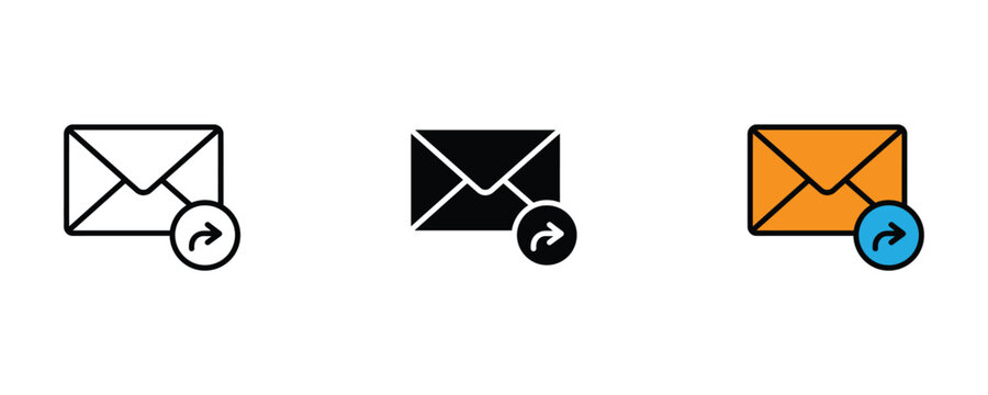 Sealed envelope with a forward arrow symbol icon set in thin line art, solid black, and vibrant orange styles for sent mail, forwarded messages, and communication notifications. Vector Illustration.