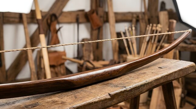 A meticulously crafted medieval longbow made from polished yew wood rests on a wooden surface in a workshop setting