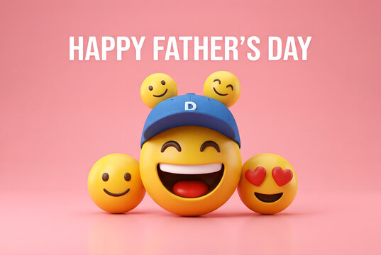 Happy fathers day greeting card with smiling emojii faces wearing dad hat and blue baseball cap
