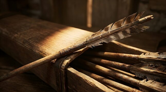 Close-up of a weathered medieval crossbow bolt with intricate feather fletching resting in a rustic wooden quiver