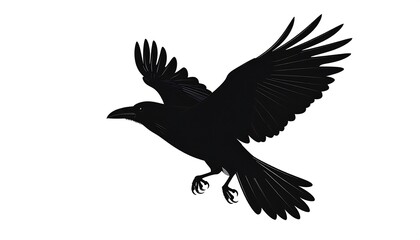 Obraz premium A solid black avian silhouetted mid-flight, wings spread wide against a stark white backdrop. The detailed feathers are clearly defined