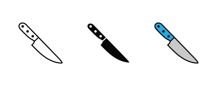 Sharp professional kitchen chef knife icon set in thin line art, solid black, and vibrant blue-grey styles for cooking, culinary arts, and restaurant equipment concepts. Vector Illustration.