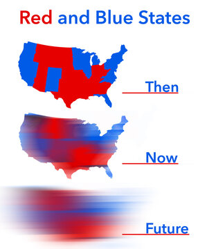 Red and Blue states were once divided. But new politics is blurring the line between GOP and Democrat party states. This illustration shows a map of red and blue states as blurred smears of color.
