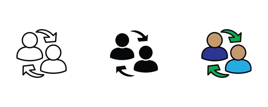 Human user interaction and knowledge exchange icon set with arrows in thin line art, solid black, and vibrant multicolored styles for social networking, collaboration, and communication concepts.