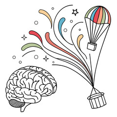 A colorful hot air balloon ascends alongside a detailed illustration of a human brain representing creative thought high quality professional ©  AMINA 1122