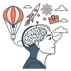 A creative mind envisions soaring ideas of travel innovation and gifts represented by a hot air balloon and rocket ©  AMINA 1122