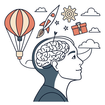 A creative mind envisions soaring ideas of travel innovation and gifts represented by a hot air balloon and rocket
