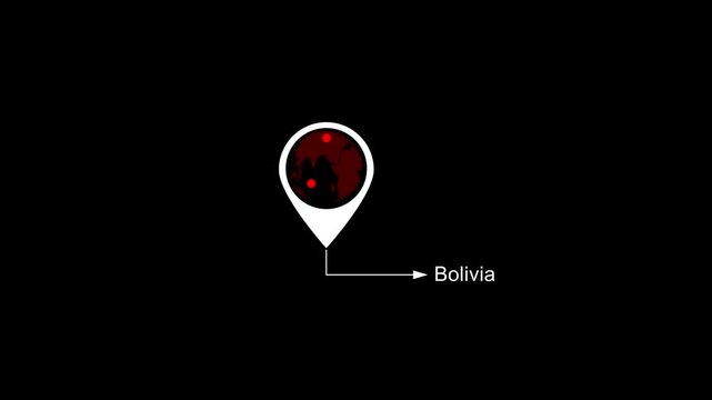 Bolivia Location on World Map with Pin Marker Animation. Country GPS location tracking icon. location pin appearing. Motion graphics of country location concept
